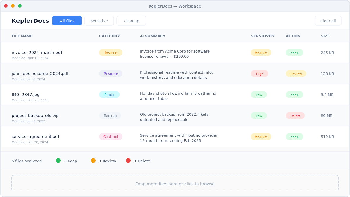 KeplerDocs workspace showing file analysis with AI-powered insights, sensitivity detection, and cleanup suggestions